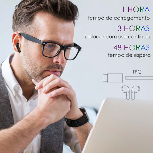 Fone de ouvido Bluetooth sem fio 1Hora AUT119 em uso durante o trabalho, com destaque para autonomia de bateria e carregamento rápido – ideal para produtividade e reuniões online.