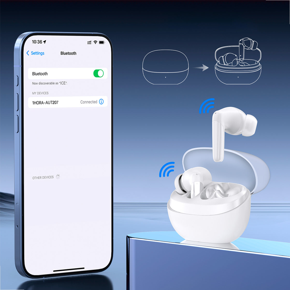 Detalhe do fone TWS branco com conexão Bluetooth 5.3 e LED