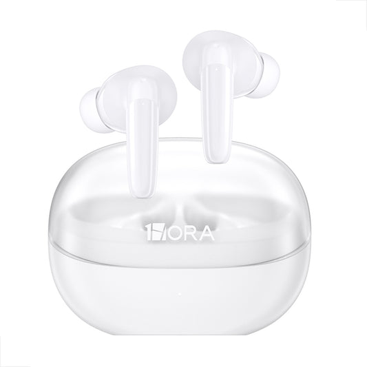 Fone de ouvido Bluetooth branco AUT207 com estojo transparente aberto