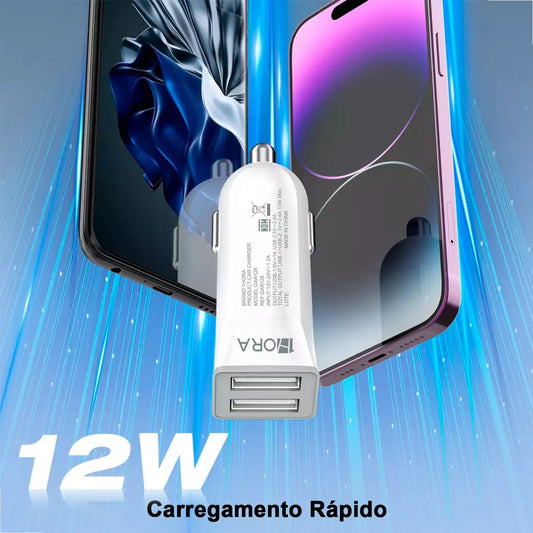 Vista lateral do carregador automotivo USB 12W 1HORA GAR128 compacto e elegante