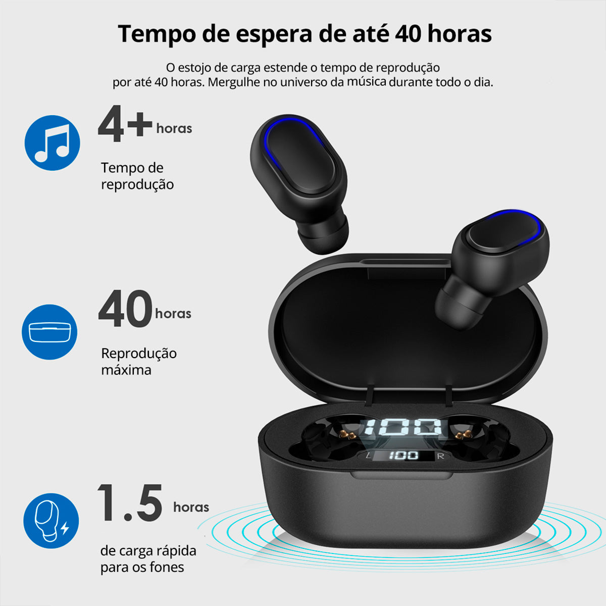 Estojo com display LED mostrando carga dos fones AUT114 Preto aberto
