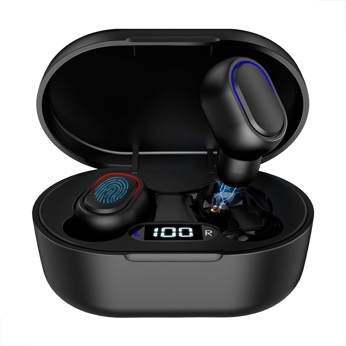 Vista próxima do botón físico dos fones AUT114 Preto para controle de música e chamadas