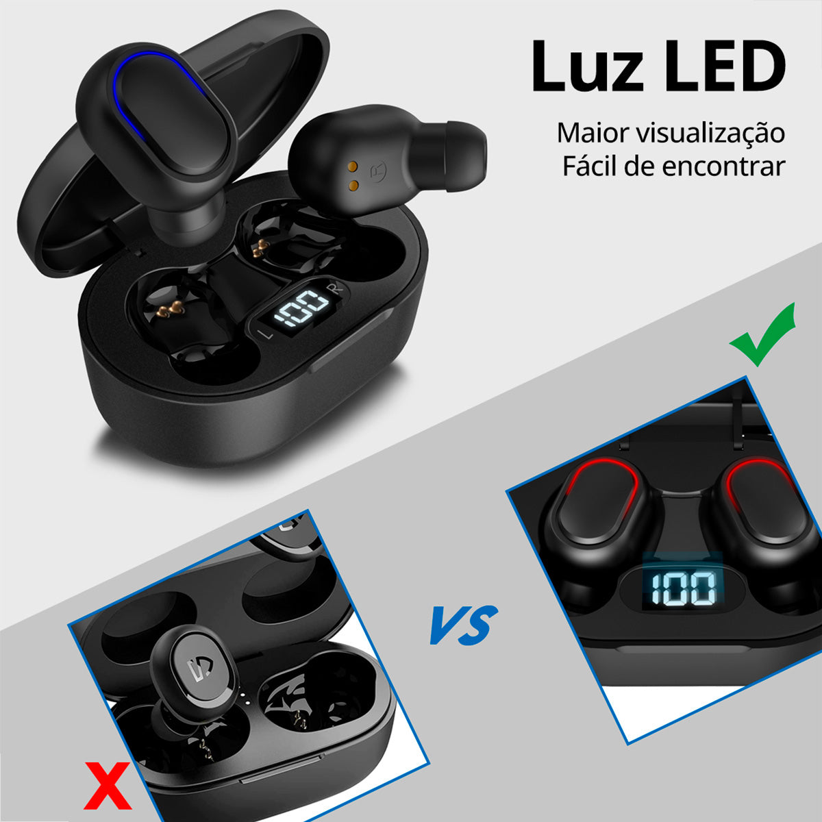 Estojo com display LED mostrando carga dos fones AUT114 Preto aberto