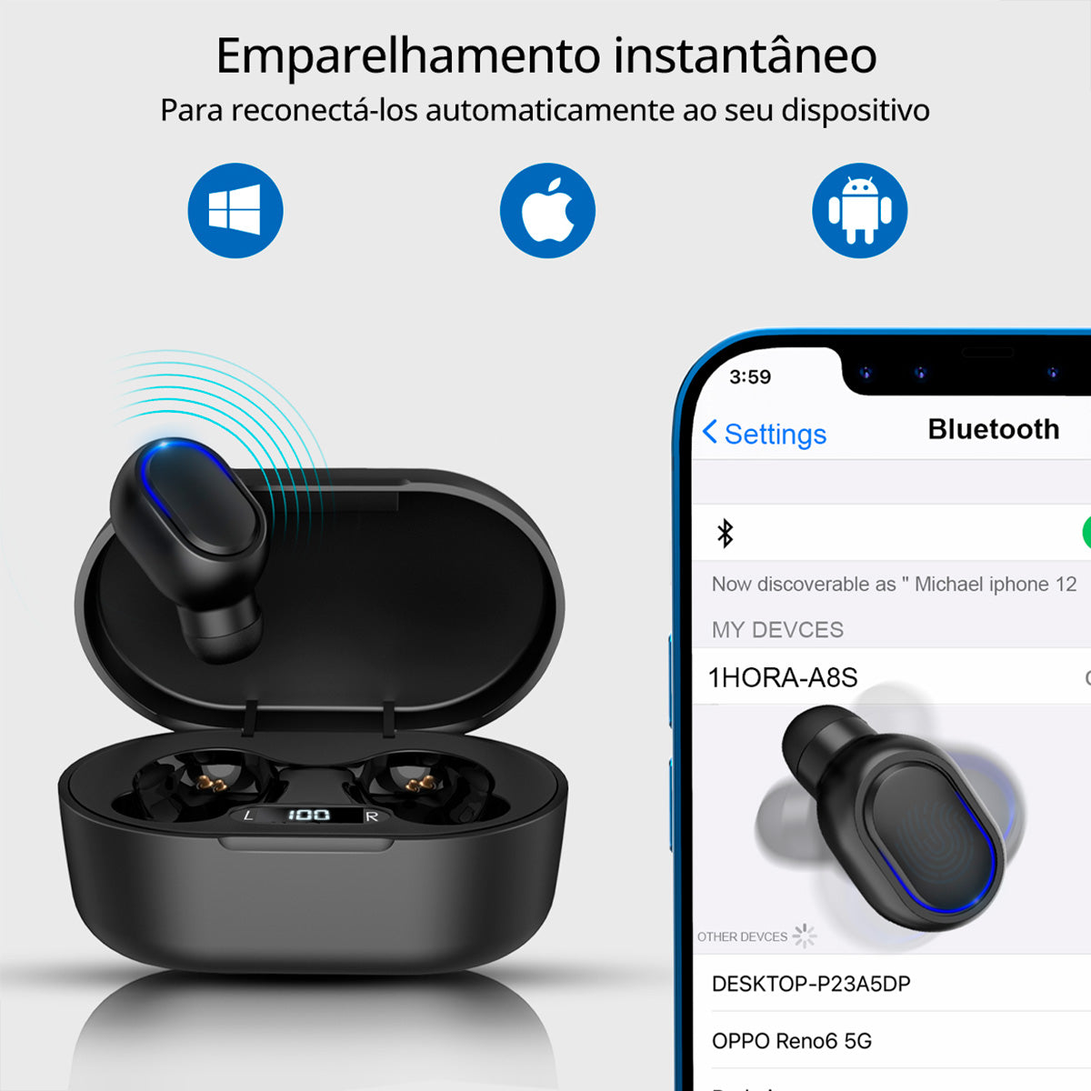 Fone Bluetooth 1HORA AUT114 Preto com estojo compacto e display LED aceso Conexão inteligente conecta automaticamente