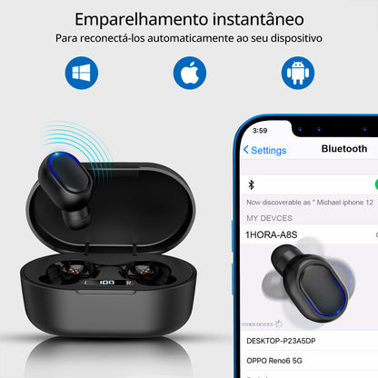 Fone Bluetooth 1HORA AUT114 Preto com estojo compacto e display LED aceso Conexão inteligente conecta automaticamente