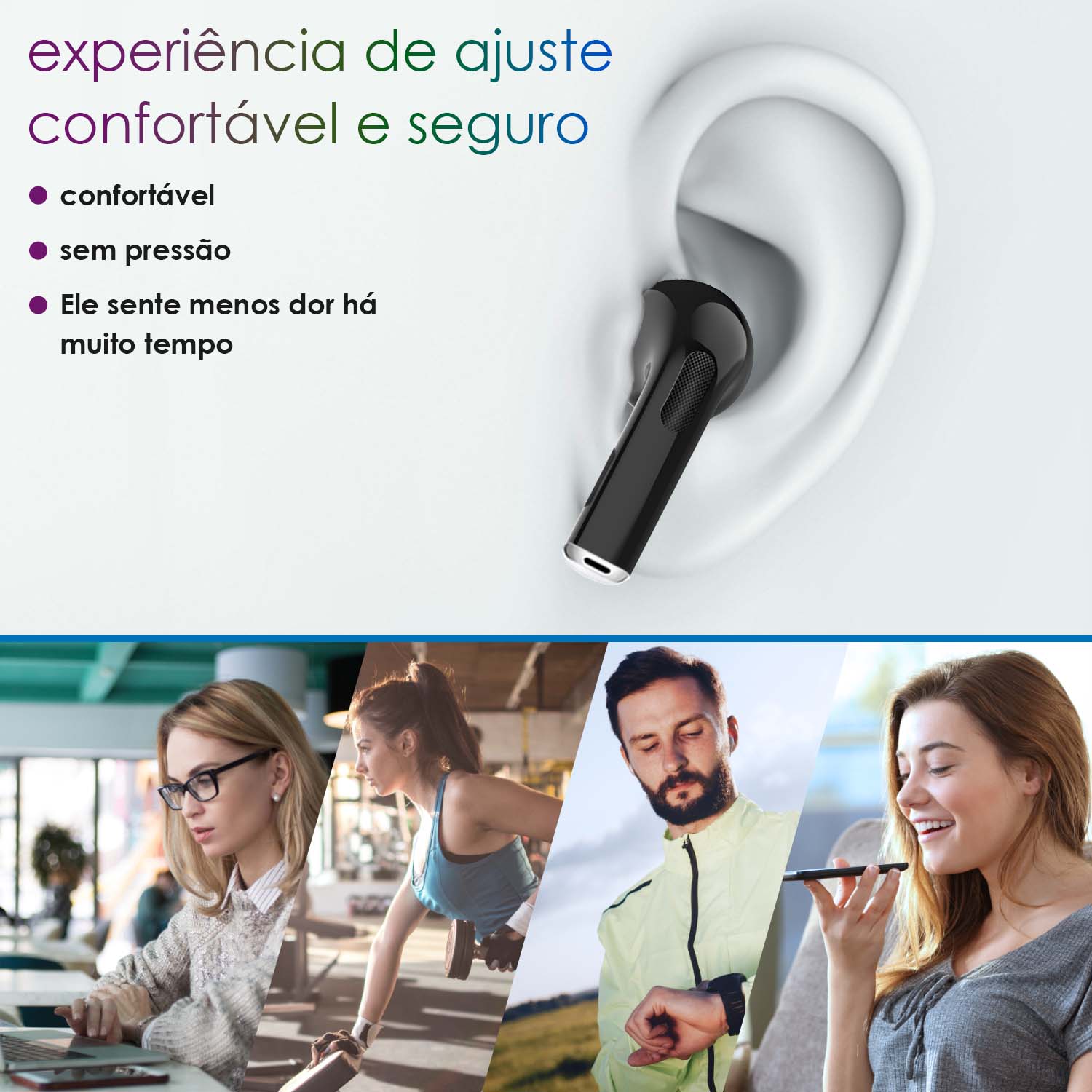 Fone de ouvido AUT119 sem fio com design ergonômico ajustado ao ouvido, ideal para uso prolongado sem dor – conforto garantido para trabalho, esportes e chamadas.