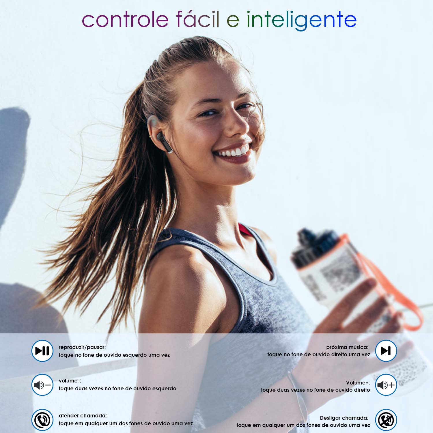 Mulher usando fone de ouvido sem fio AUT119 com controle por toque durante atividade física – praticidade para treinos, chamadas e músicas com apenas um toque.