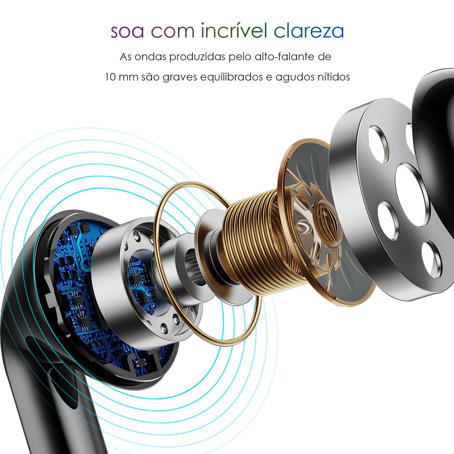 Estrutura interna do fone de ouvido sem fio AUT119 destacando alto-falante de 10 mm – áudio de alta definição com graves potentes e agudos nítidos.