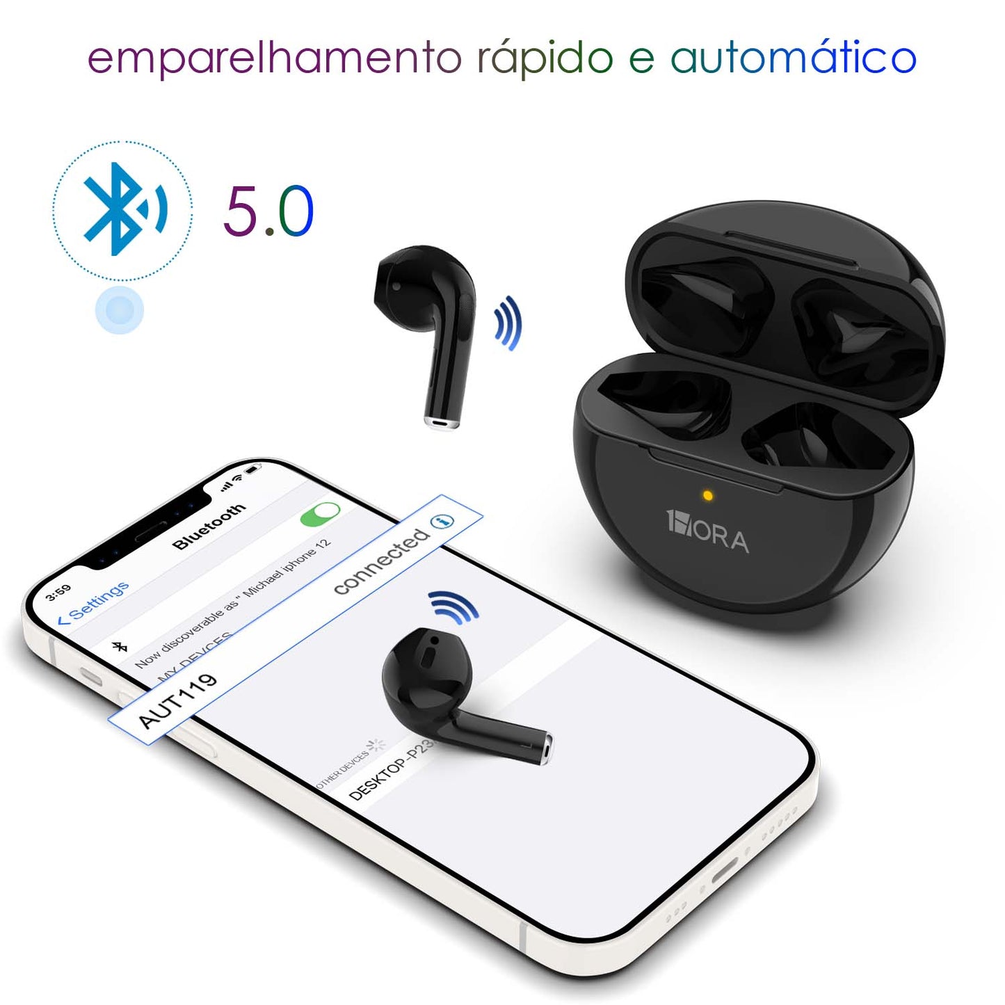 Fone de ouvido sem fio AUT119 conexão inteligente bluetooth 5.0