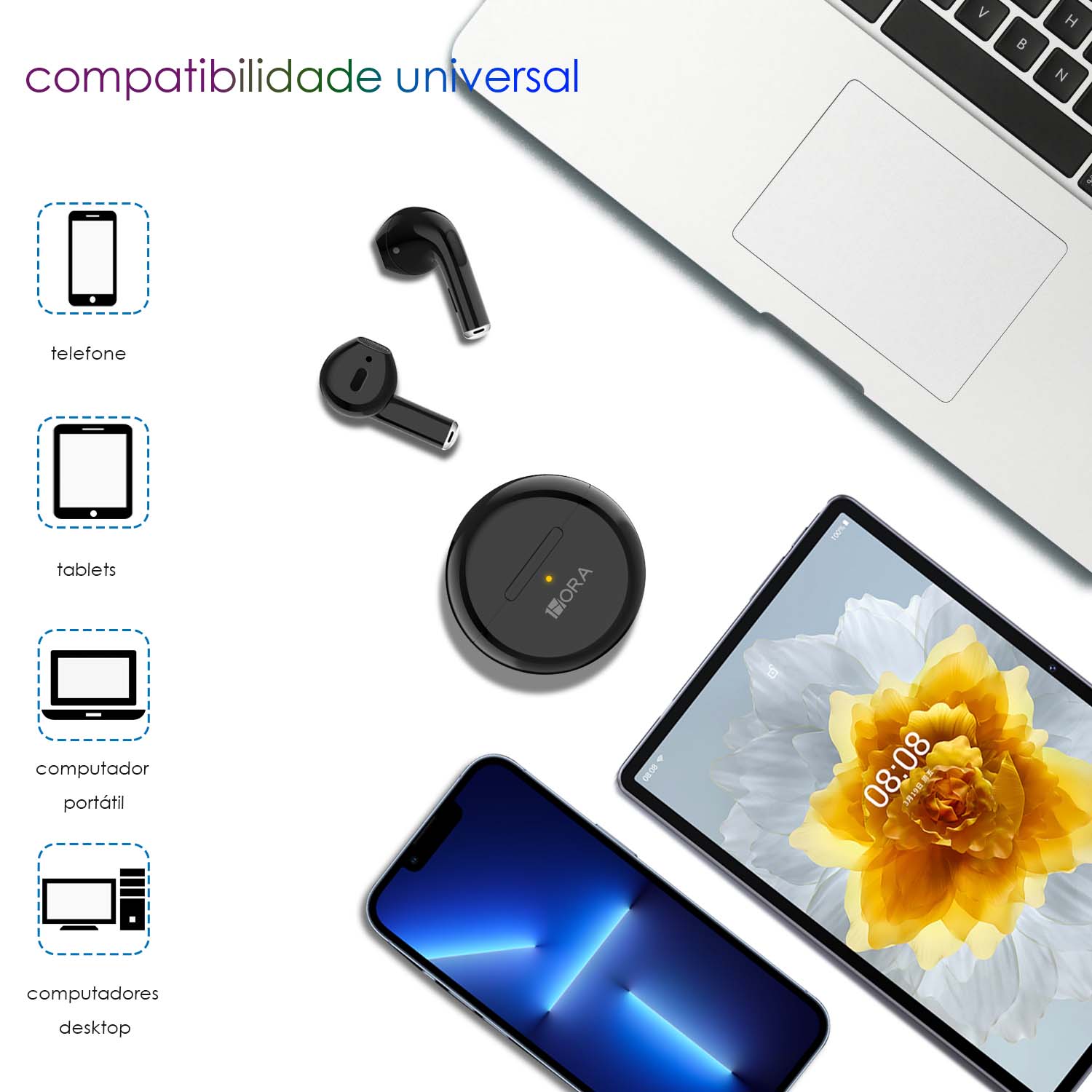 Fones Bluetooth AUT119 lado a lado com visual intra-auricular e acabamento preto