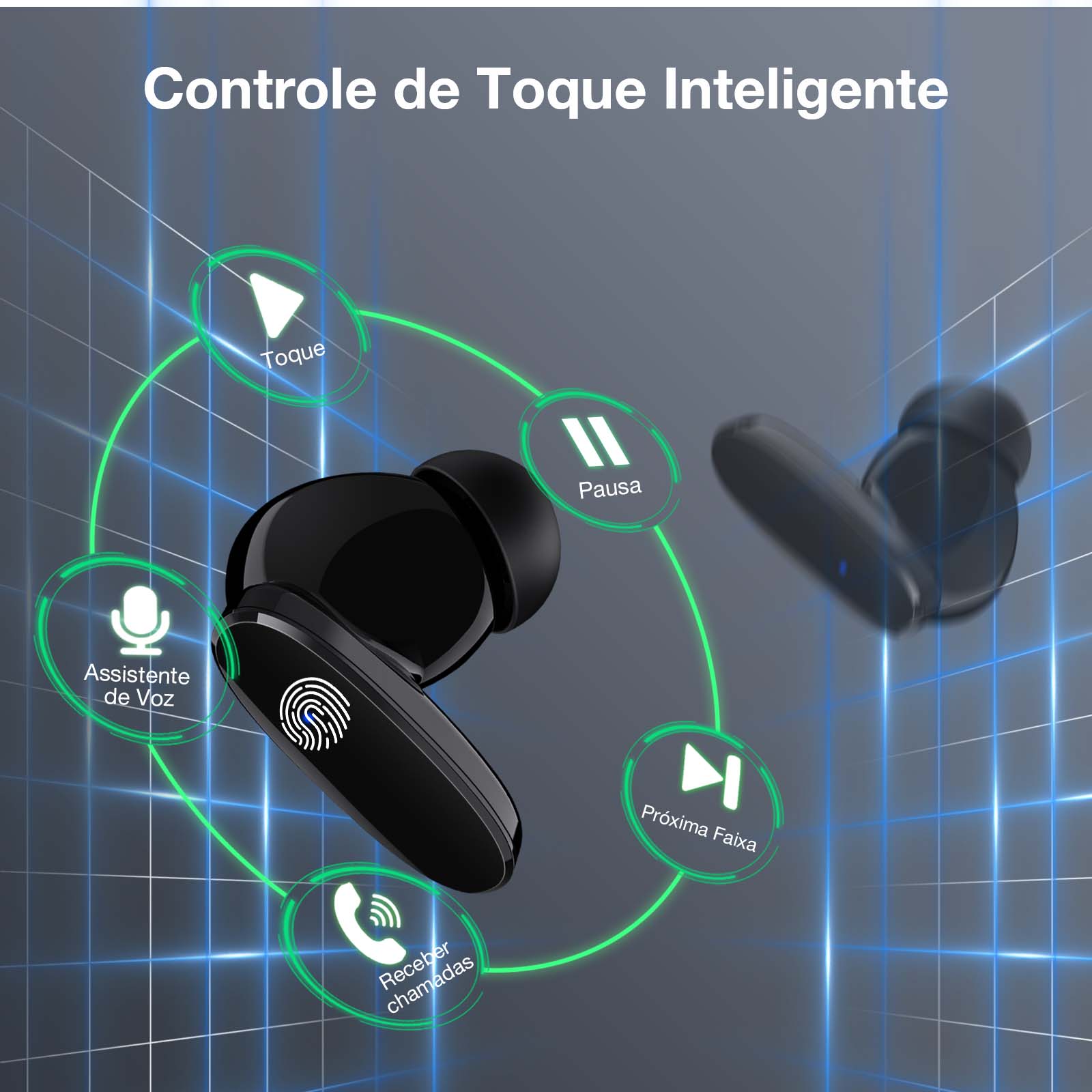 Fone AUT205 com controle de toque para pausa, chamadas, assistente de voz e troca de música