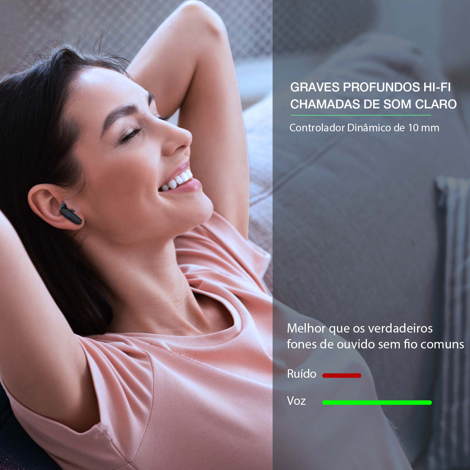 Mulher relaxando com fones AUT205 pretos e destaque para graves profundos e chamadas claras com 10 mm