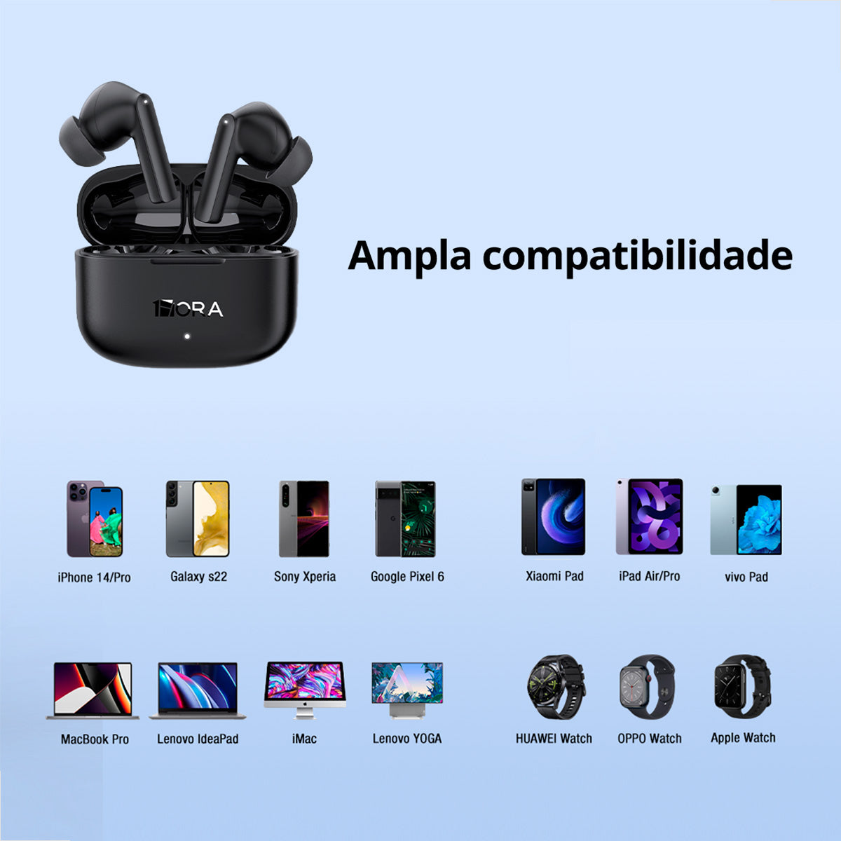 magem promocional dos fones pretos em fundo neutro com estojo aberto