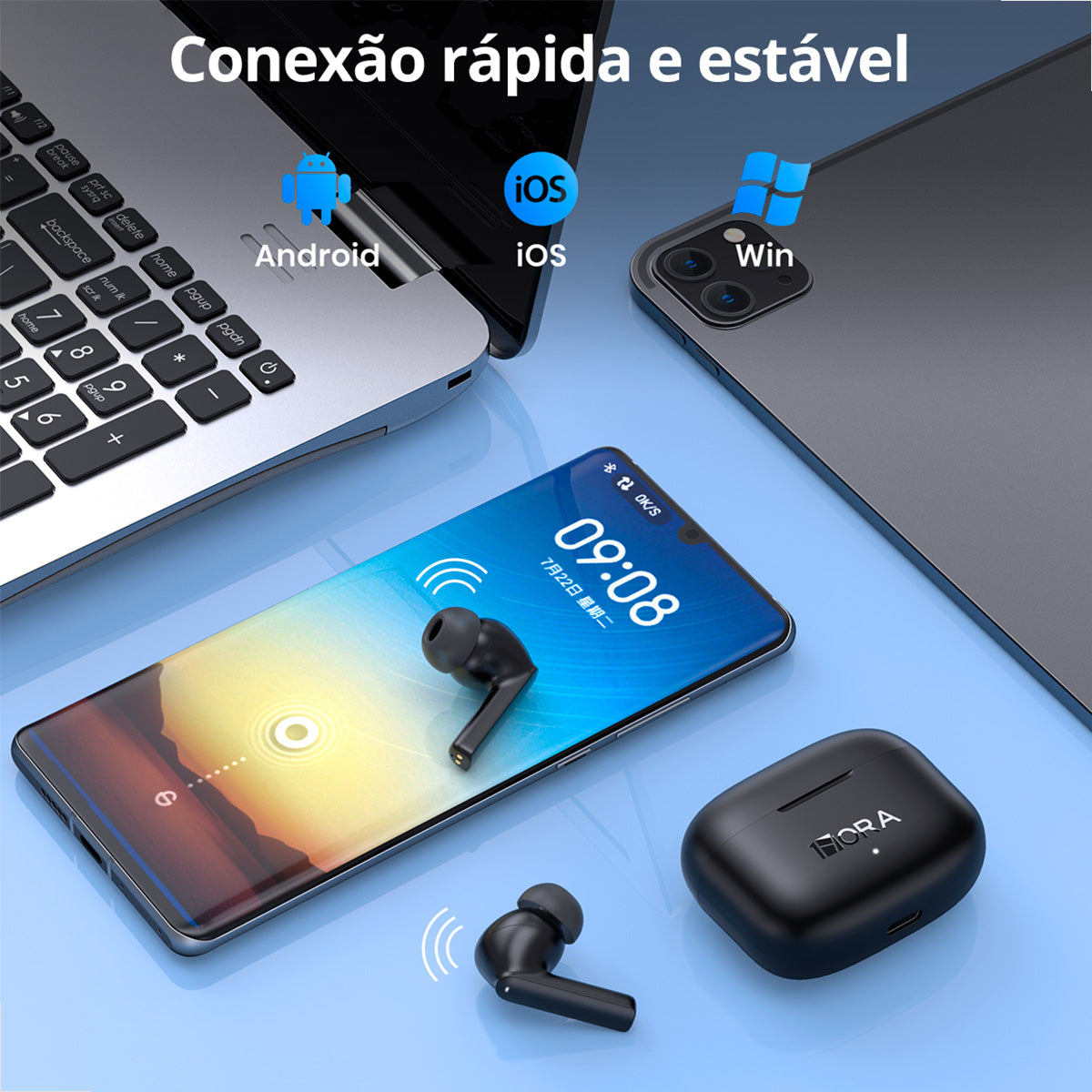 Estojo de carregamento preto com entrada USB-C e indicadores LED
