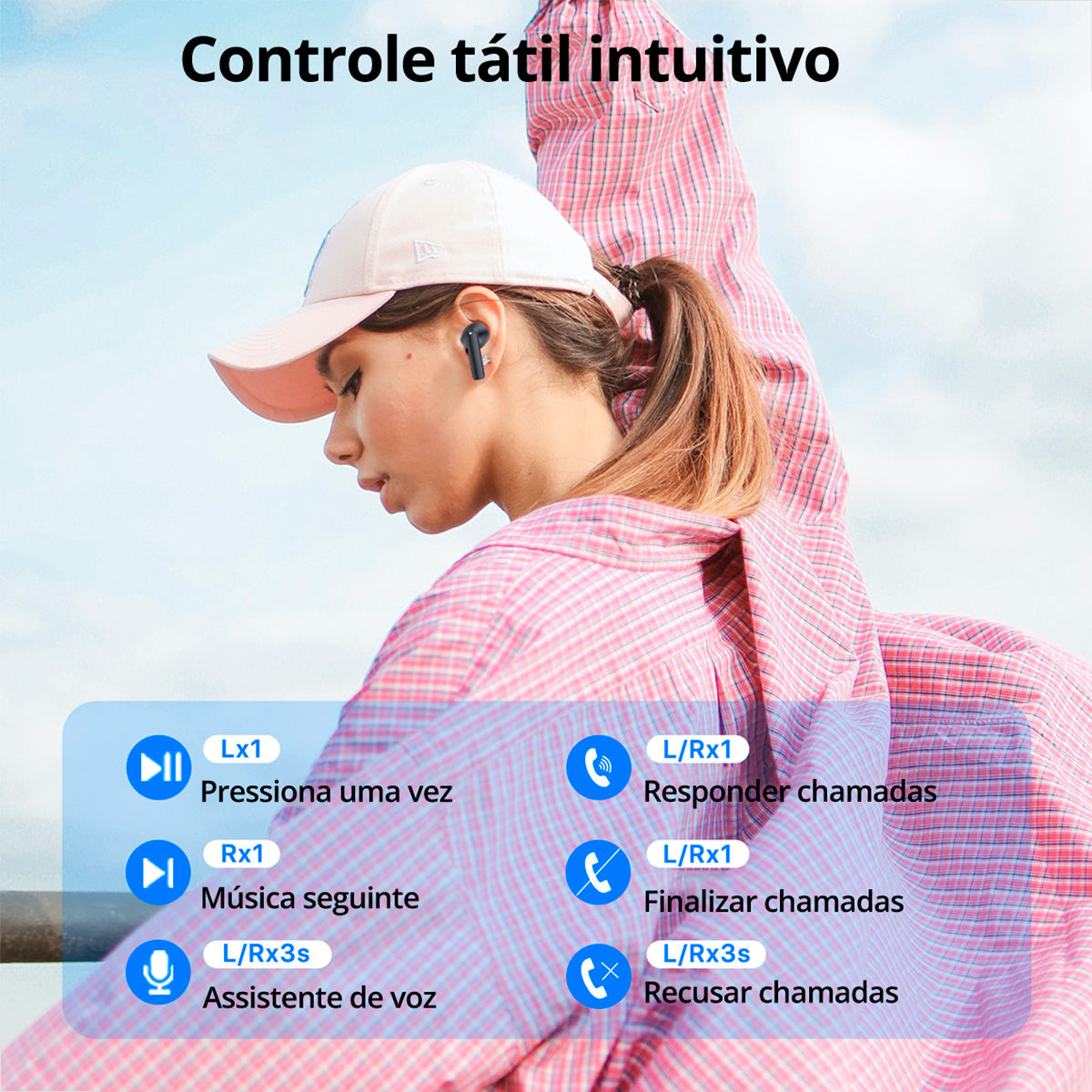 Fone preto AUT206 em uso, destacando conforto e fixação intra-auricular
