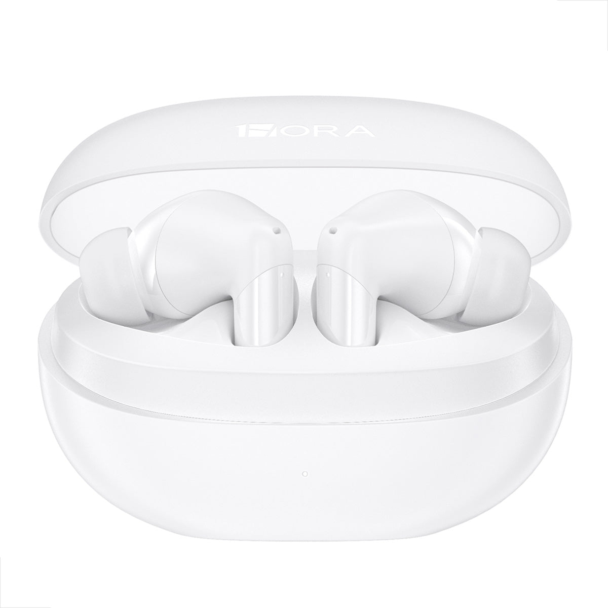 Estojo transparente com fones brancos encaixados – design clean
