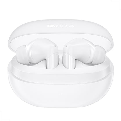 Estojo transparente com fones brancos encaixados – design clean
