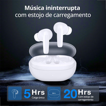 Imagem promocional dos fones brancos AUT207 com foco em tecnologia