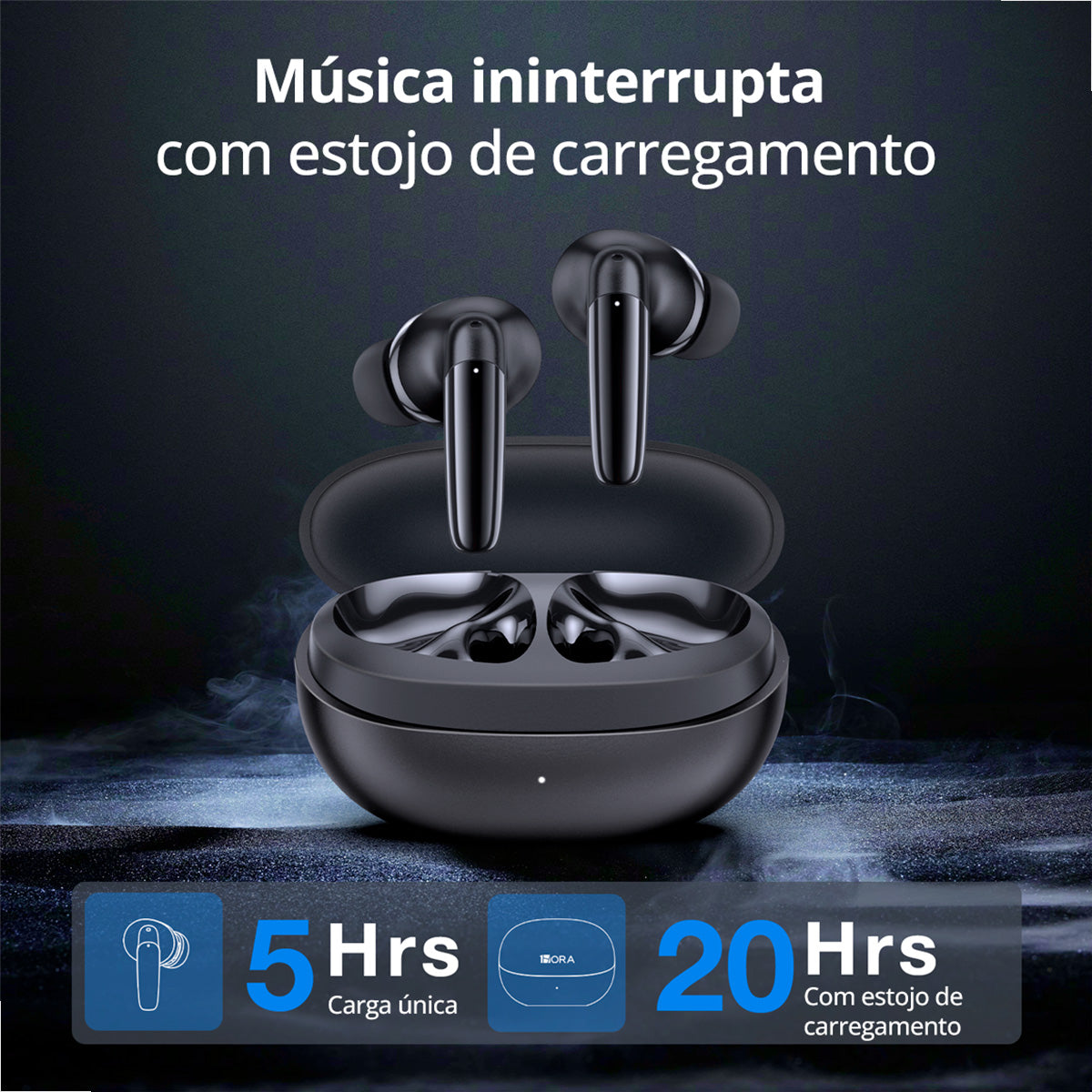 Fone de ouvido Bluetooth preto AUT207 com estojo transparente aberto
