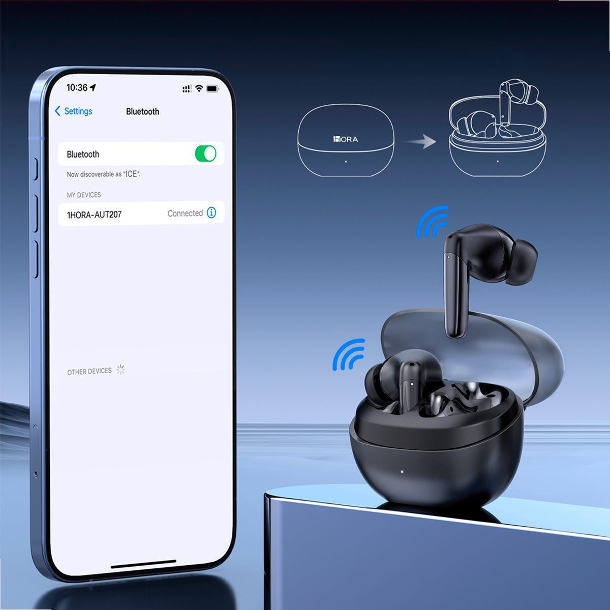 Detalhe do fone TWS preto com conexão Bluetooth 5.3 e luz indicadora