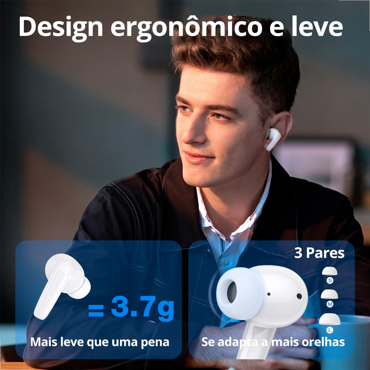 Fone Bluetooth branco em uso – ergonomia para o dia a dia

