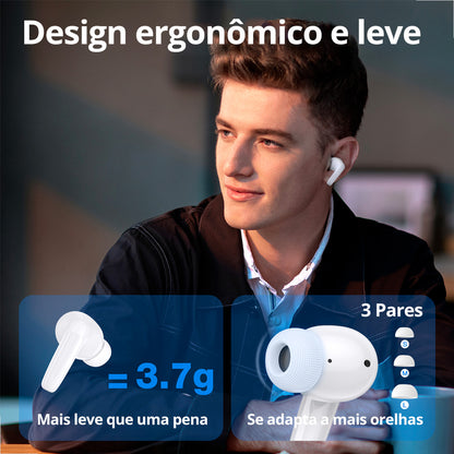 Fone Bluetooth branco em uso – ergonomia para o dia a dia

