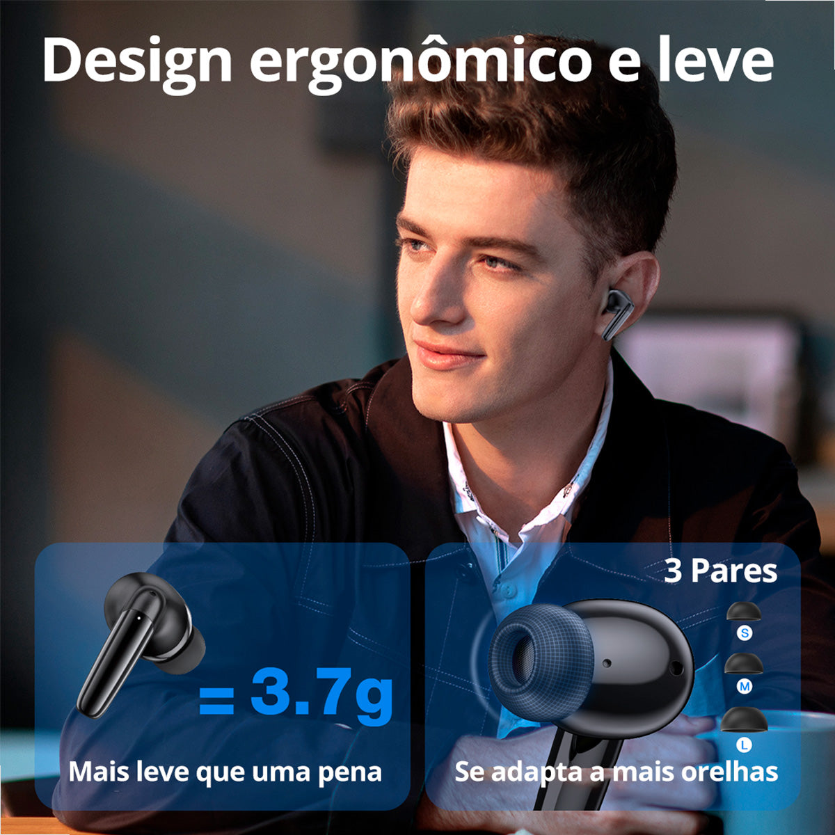 Fones pretos AUT207 em fundo branco com visual moderno