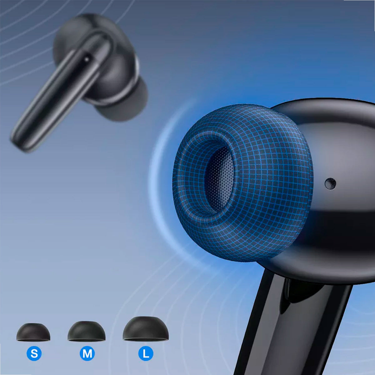 Fone sem fio preto AUT207 em close frontal com design ergonômico
