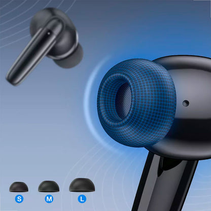 Fone sem fio preto AUT207 em close frontal com design ergonômico
