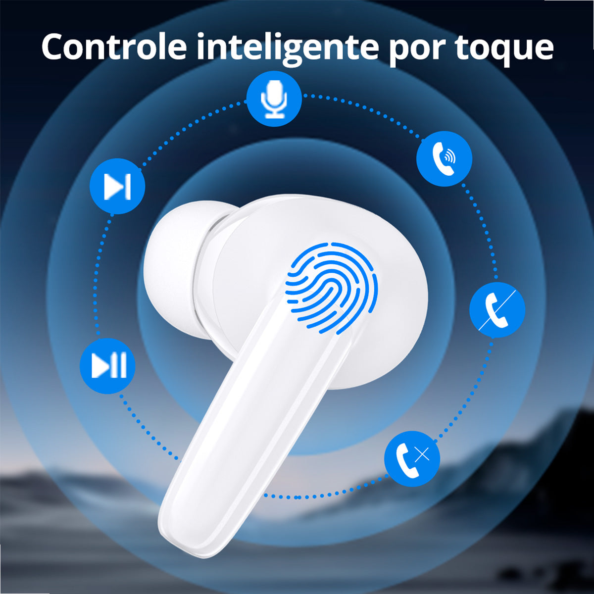 Vista lateral do fone branco com botão touch sensível