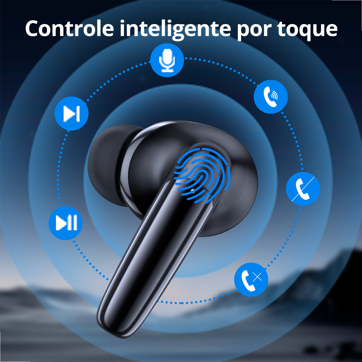 Vista lateral do fone preto com botão sensível ao toque
