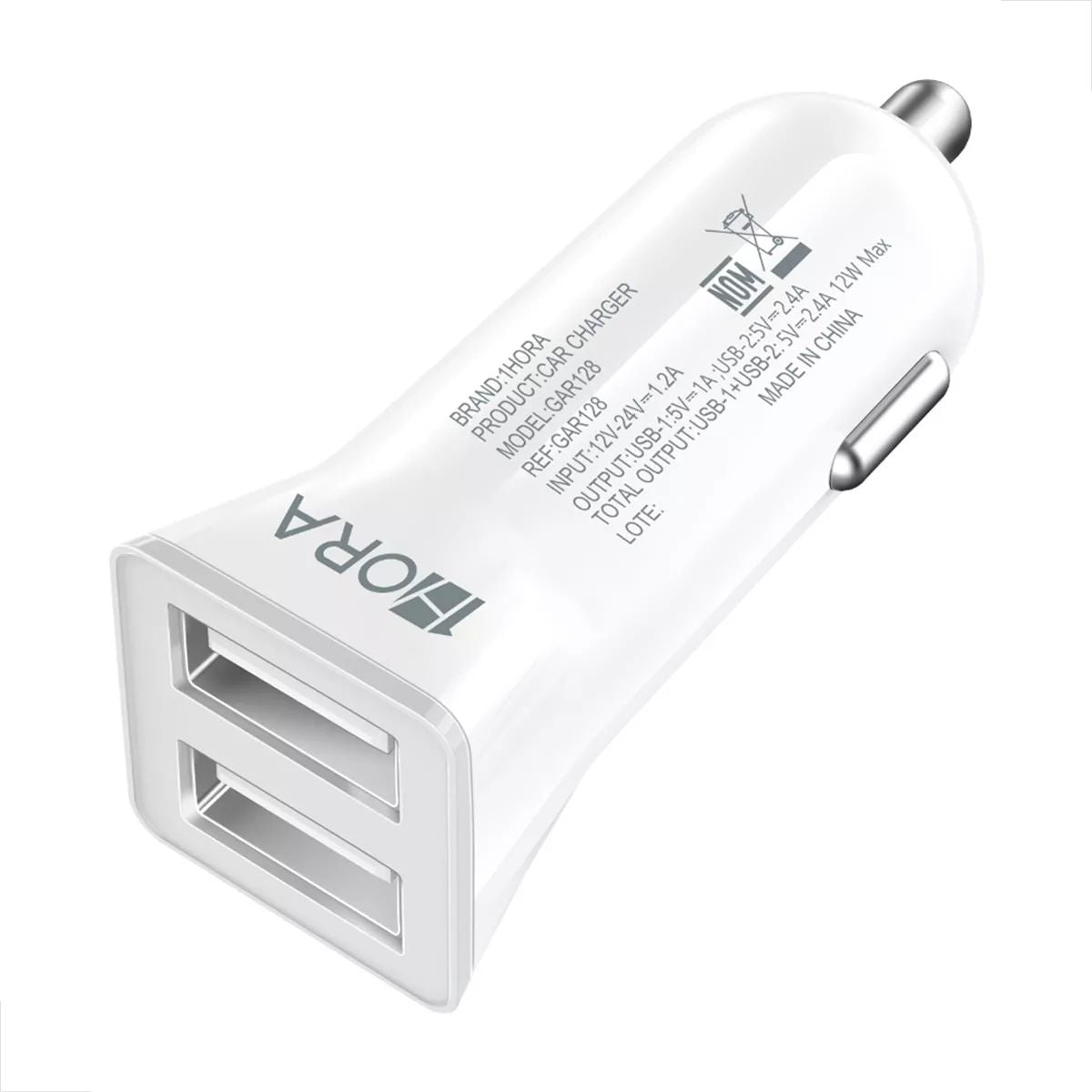 Detalhe das duas portas USB do carregador veicular 1HORA GAR128 – saídas 1A e 2.4A