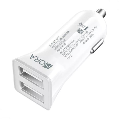 Detalhe das duas portas USB do carregador veicular 1HORA GAR128 – saídas 1A e 2.4A
