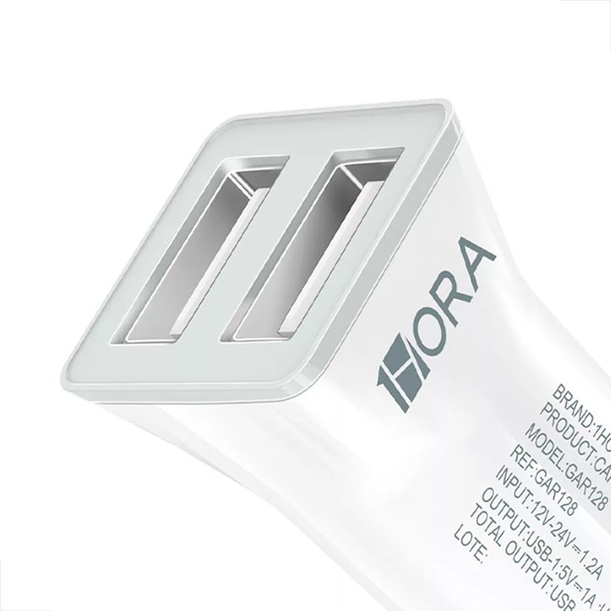 Detalhe das duas portas USB do carregador veicular 1HORA GAR128 – saídas 1A e 2.4A