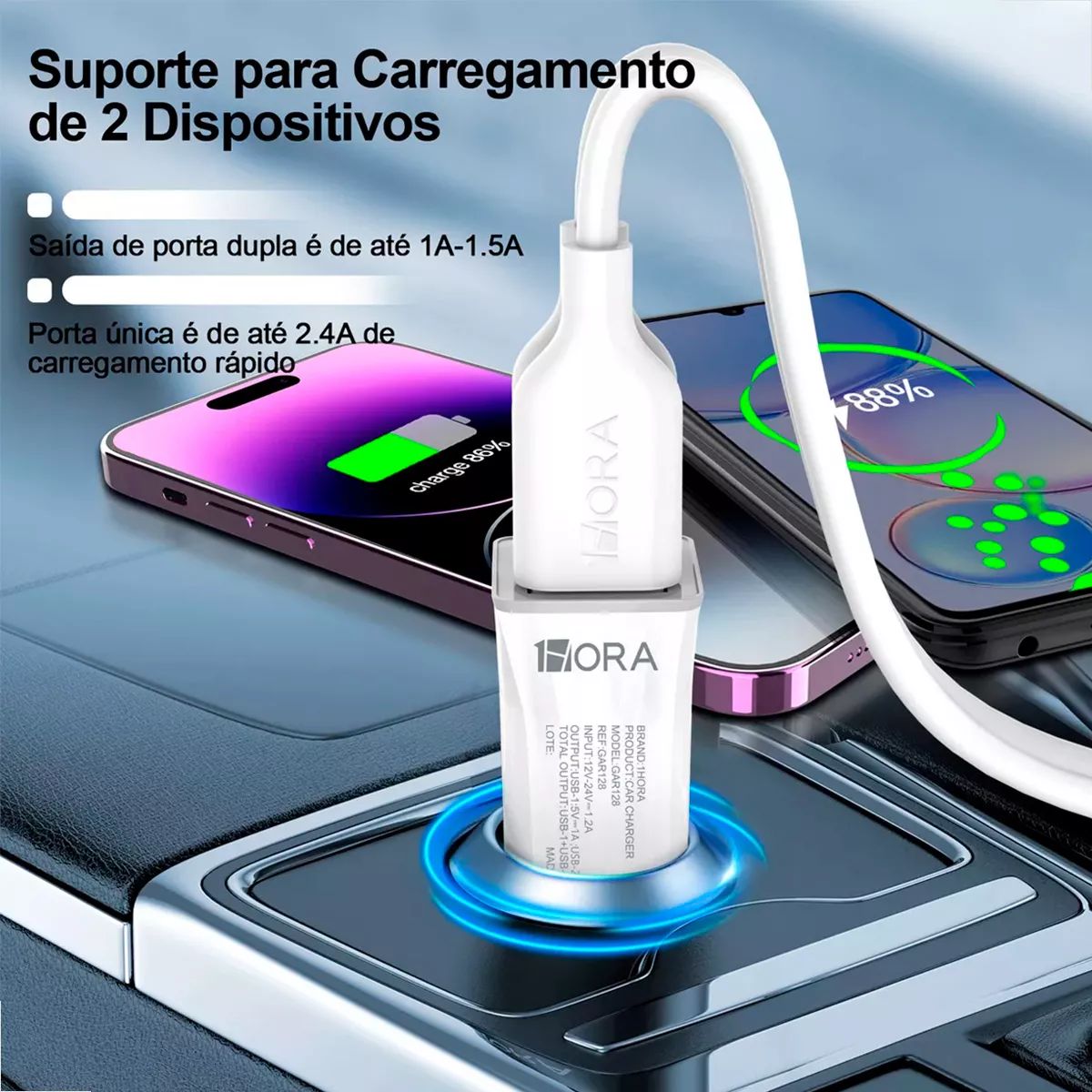 Carregador GAR128 instalado no painel do carro – encaixe perfeito e discreto

