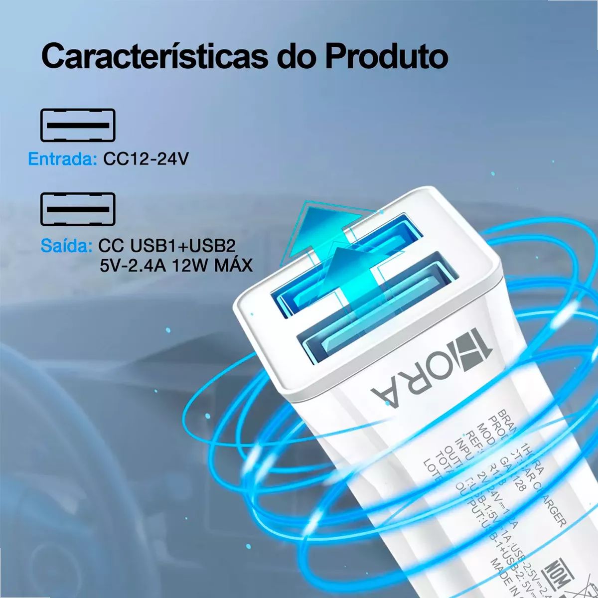 Carregador USB veicular em funcionamento com luz de status ativada – modelo GAR128
