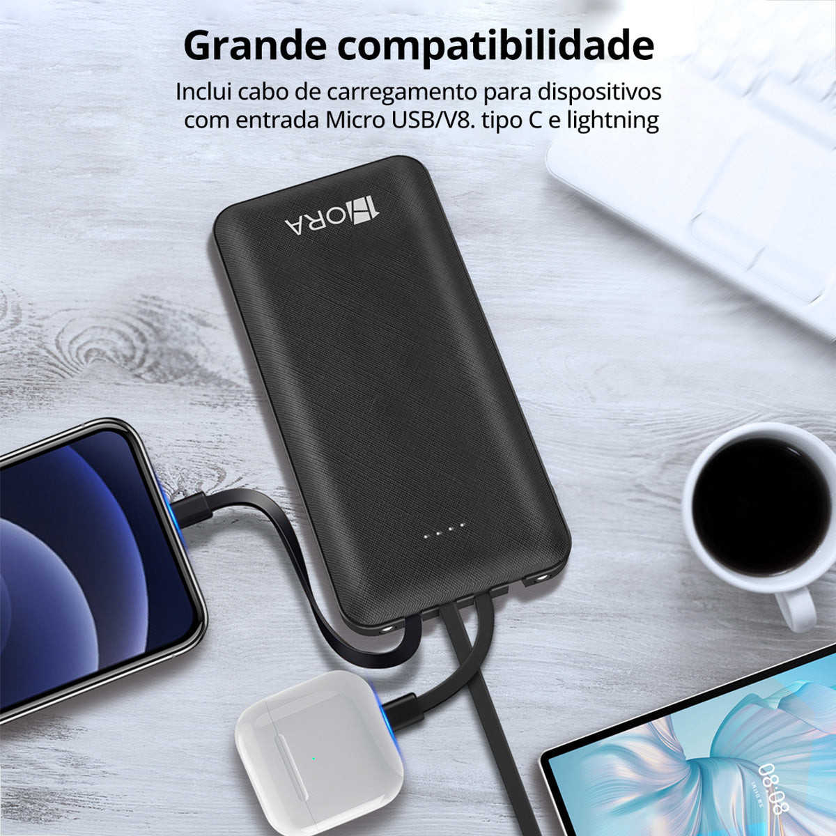 ower Bank com cabos integrados: Micro USB, Lightning, Tipo C e USB – modelo GAR148