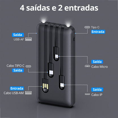 Power Bank com cabos integrados: Micro USB, Lightning, Tipo C e USB – modelo GAR148