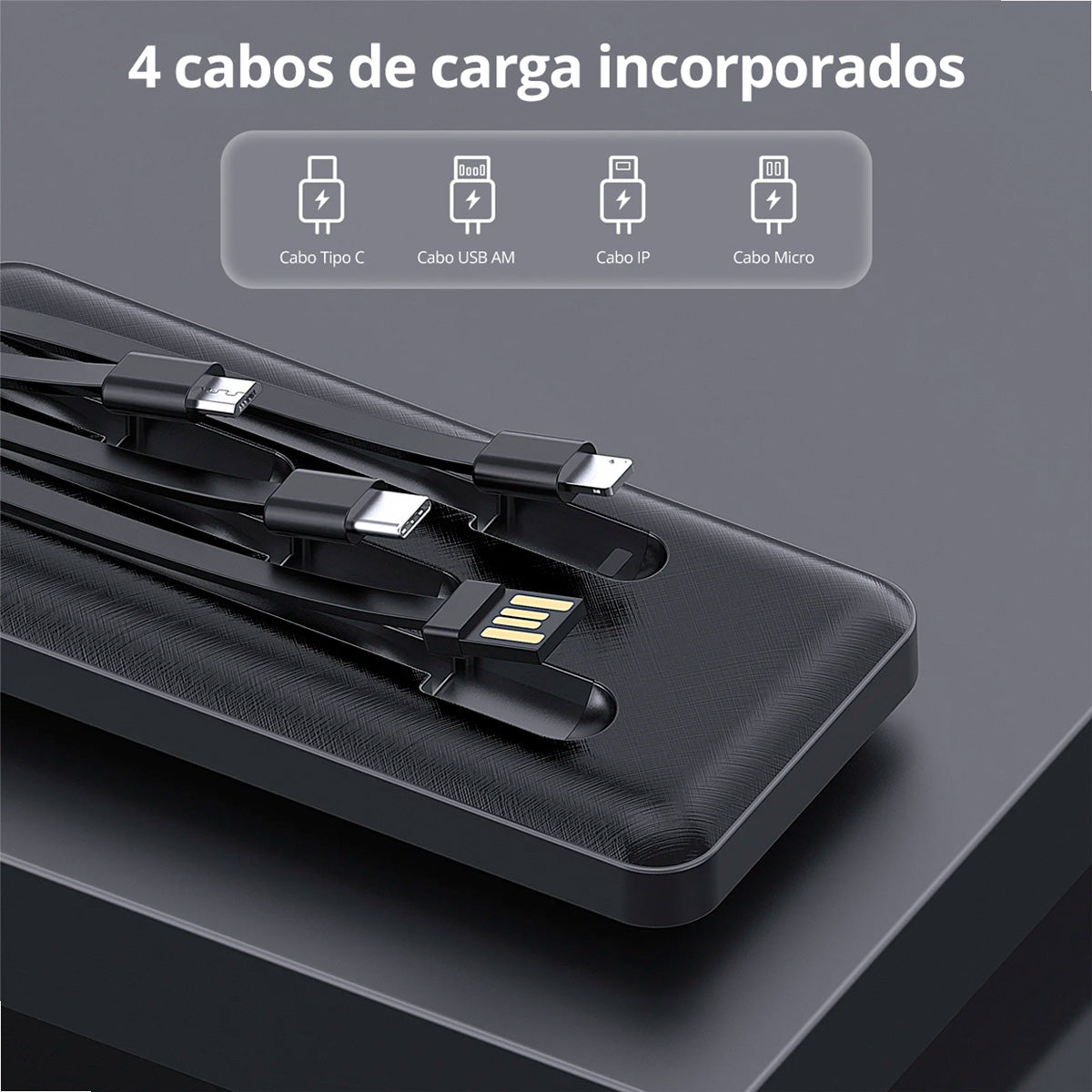 Power Bank com cabos integrados: Micro USB, Lightning, Tipo C e USB – modelo GAR148