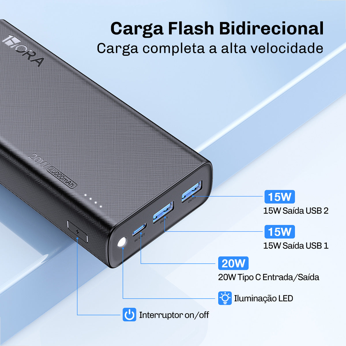 Power Bank GAR158 com 20000mAh e suporte a PD 22.5W – potência e segurança para o dia a dia